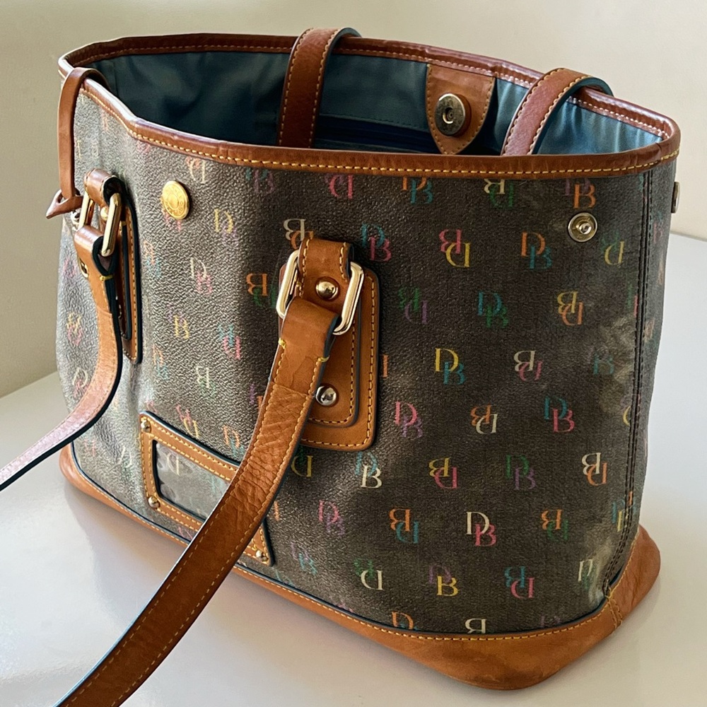 Dooney & Bourke Signature Monogram Rainbow Logo Satchel Bag Leather Trim